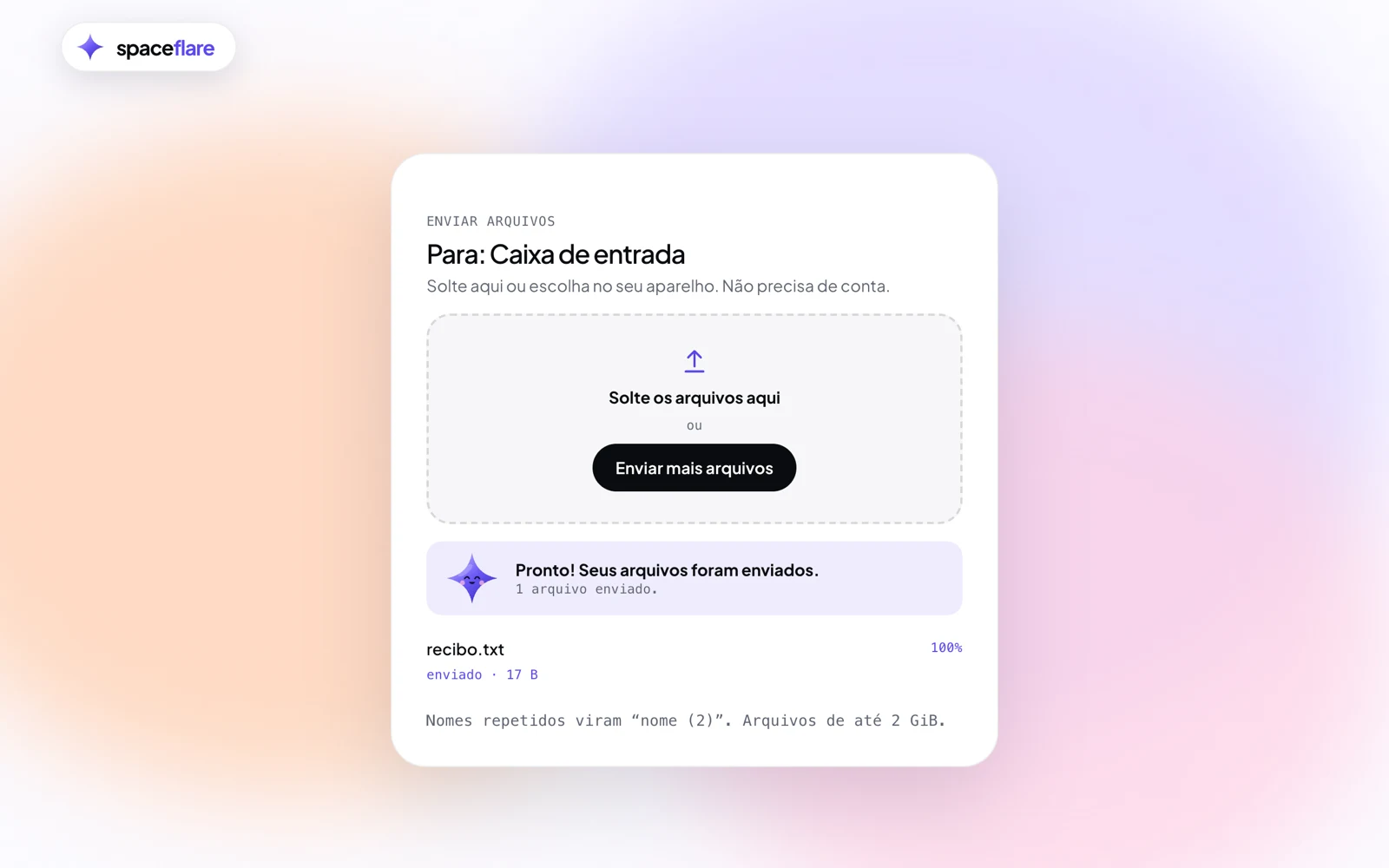 Página pública de envio do Spaceflare: área para soltar arquivos e o aviso Pronto! Seus arquivos foram enviados.