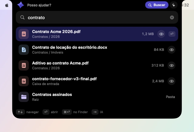 A ilha mostrando uma busca por “contrato” com cinco resultados, entre arquivos e uma pasta.