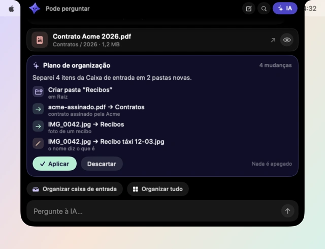 A conversa com a IA na ilha, com um plano de organização de quatro mudanças e os botões Aplicar e Descartar.