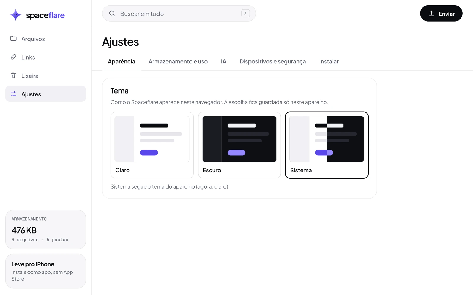 Ajustes do app web, aba Aparência, com as opções Claro, Escuro e Sistema.